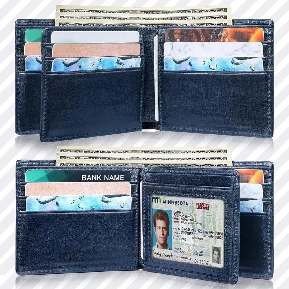 Men's Classic Holders Bifold Wallet Card Blue Genuine Leather 2 Cash Pockets